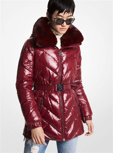 michael michael kors quilted nylon and faux fur puffer|Faux Fur Trim Chevron Quilted Nylon Belted Puffer Coat.